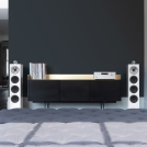 702 S2 Satin White with Rotel RA-1572 Right - Grilles Off