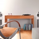 705 S2 Satin White on Stands with Record Player